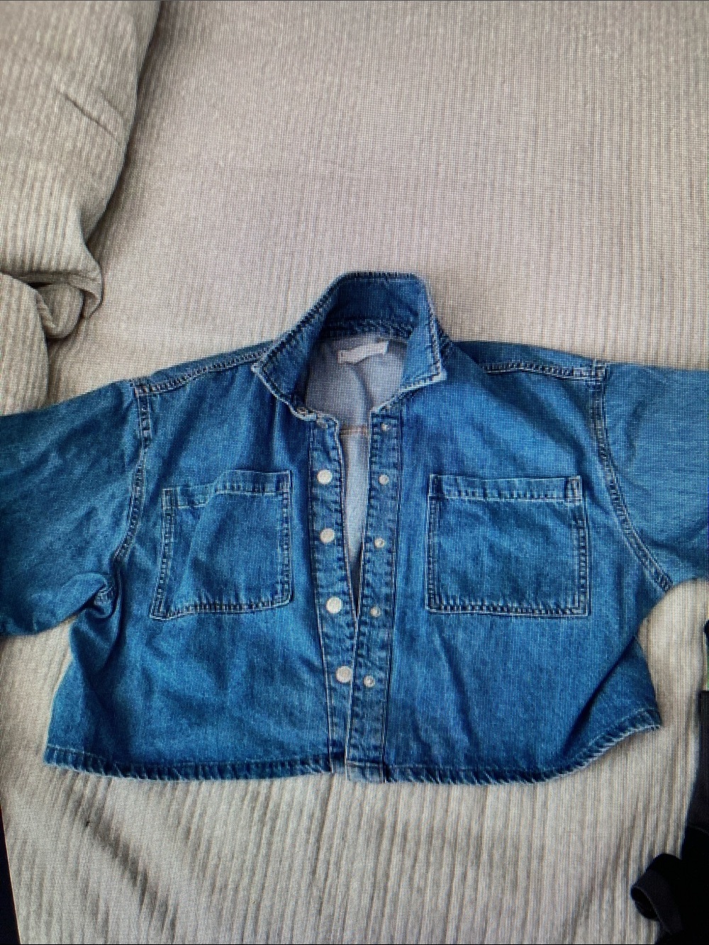 Cropped Blue Denim Jacket - Women's Casual Button-Front